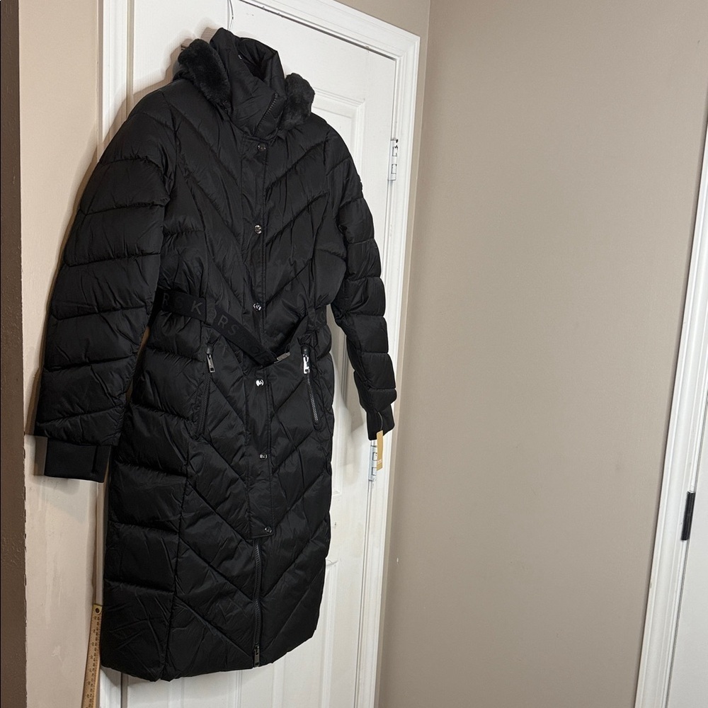 Michael Kors Black Long Puffer Coat with Fur Trim